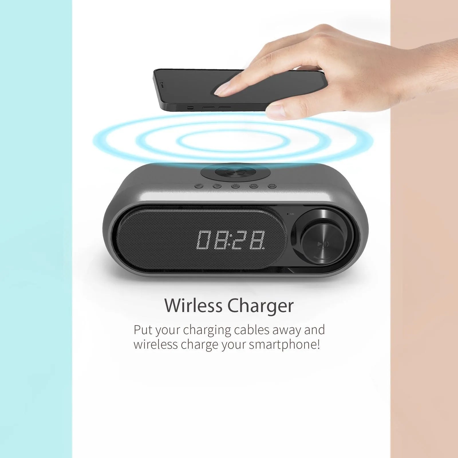 Space grey bedside wireless charging alarm clock with Bluetooth speaker and LED display
