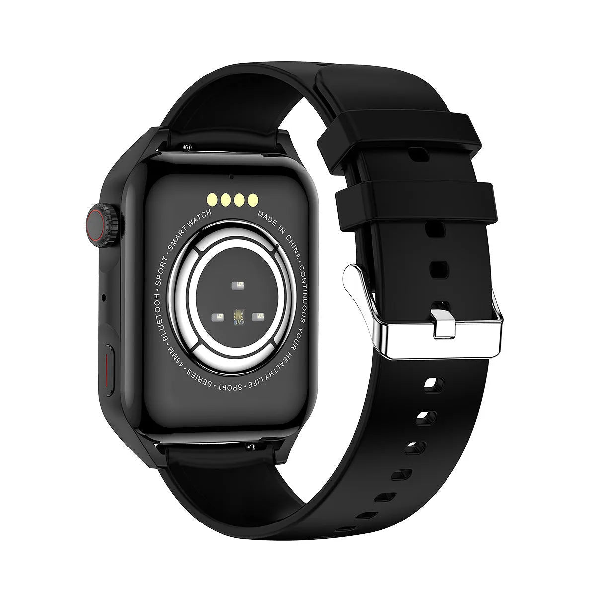 Black smart watch with HD AMOLED screen and silicone wrist strap on a wrist.