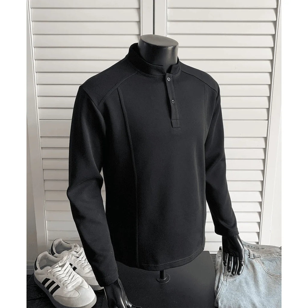 Men's loose-fit long sleeve polo shirt with an asymmetric design and stand-up collar in grey.