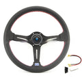 Black leather 14-inch steering wheel with deep middle concave grip and silver three-spoke skeleton.