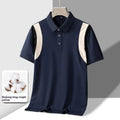 Man modelling a grey striped cotton business t-shirt with a lapel neckline and short sleeves.