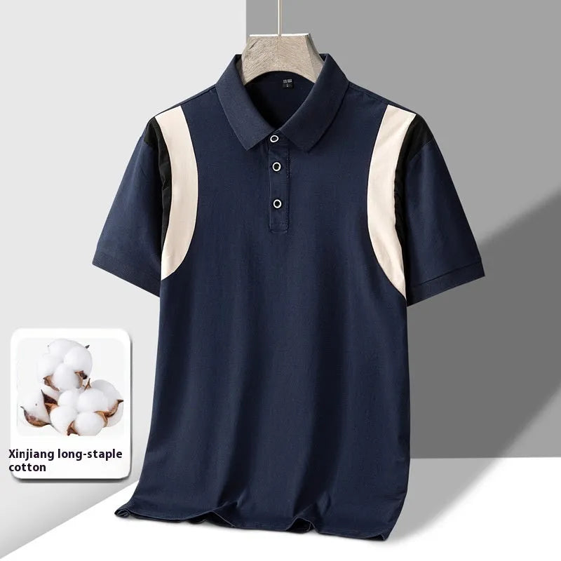 Man modelling a grey striped cotton business t-shirt with a lapel neckline and short sleeves.