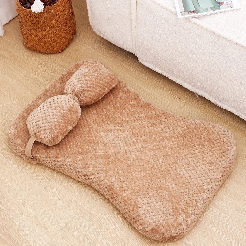 Soft plush pet bed mat with attached pillow in gray, available in large size 75x50x7cm for dogs and cats
