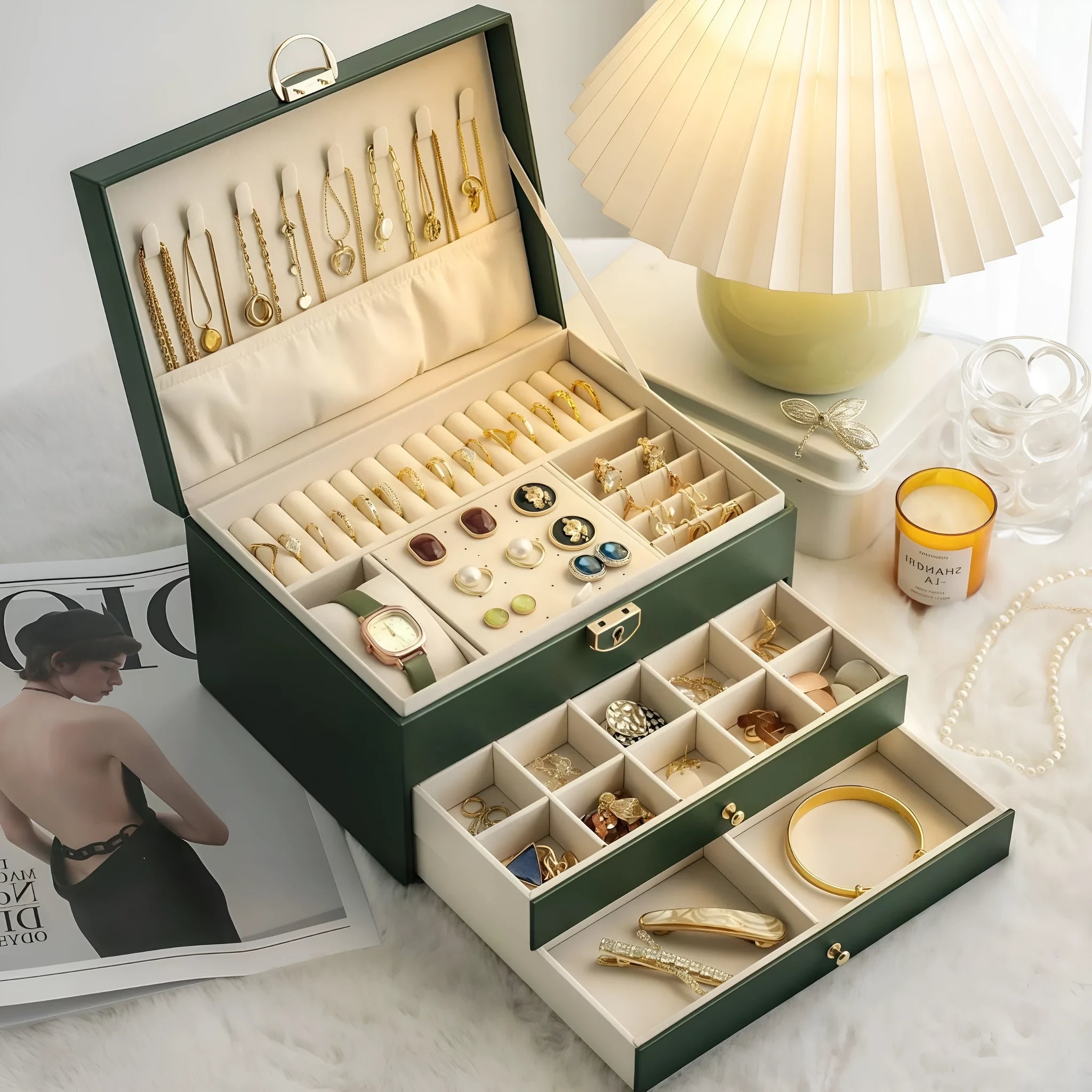 Leather jewellery storage box with three drawers in choice of colours.