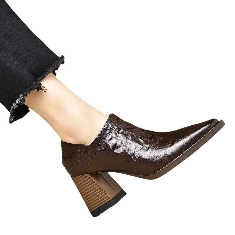 Chunky heel side zip women's high heels pumps in black, square toe, mid heel height, PU upper