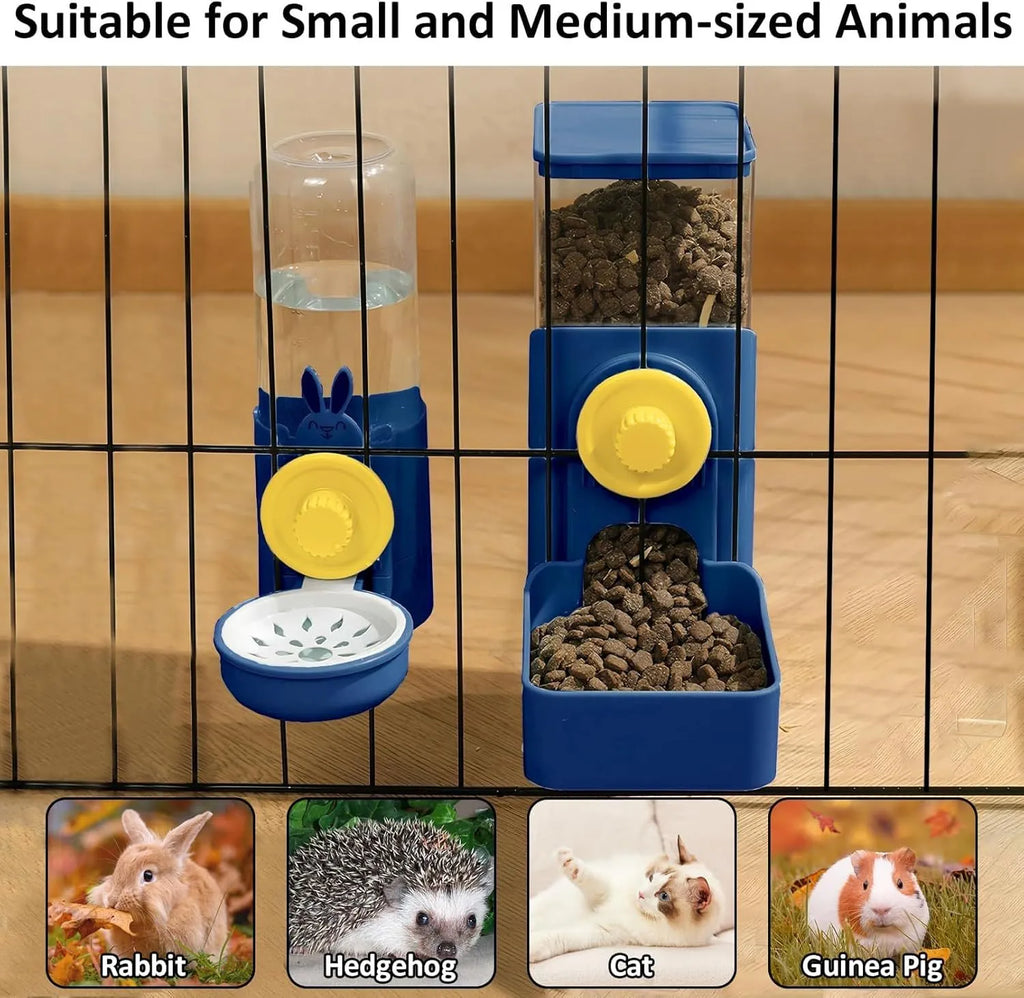 Transparent hanging automatic pet feeder with water and food dispensers for rabbit cages