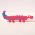 Green cartoon lizard-shaped dog chew toy with a squeaker on a white background.