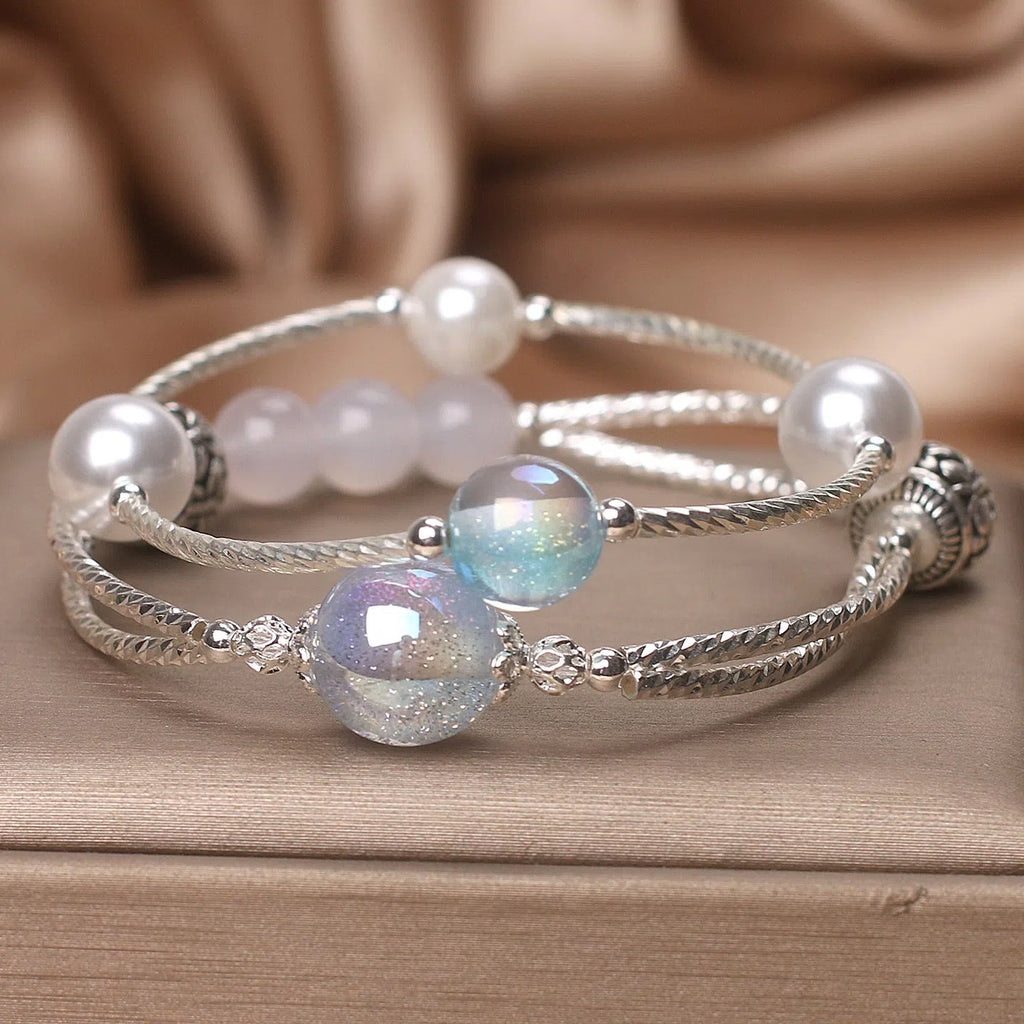 Light blue agate multi-circle twin crystal bracelet for women ethnic style travel gift