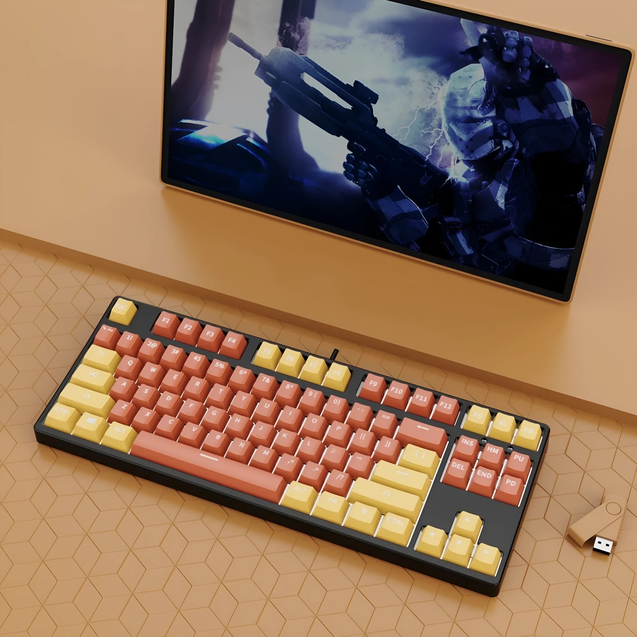 87-key hot-swappable mechanical keyboard with dual-colour backlighting and metal construction.