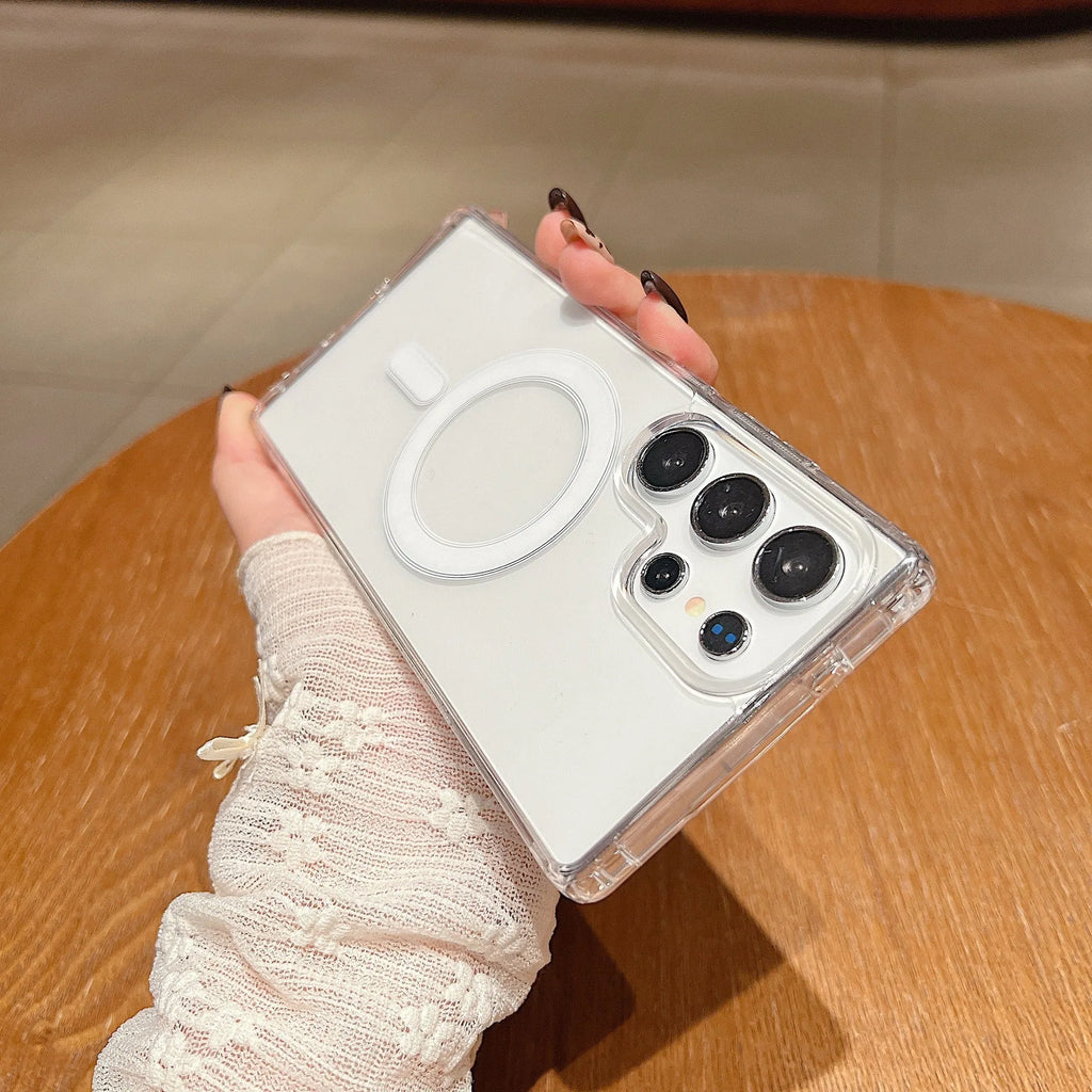 Transparent magnetic silicone phone case for Samsung Galaxy smartphones showing clear design