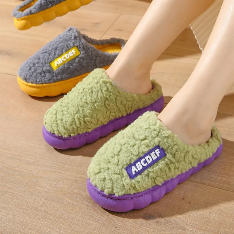 New Letter non-slip thick-soled fur slippers in beige with plush upper and PVC sole for indoor warmth