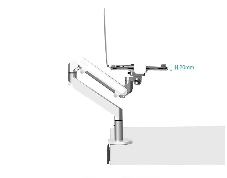 Silver aluminium free-standing laptop stand with extended telescopic arm holding a notebook.