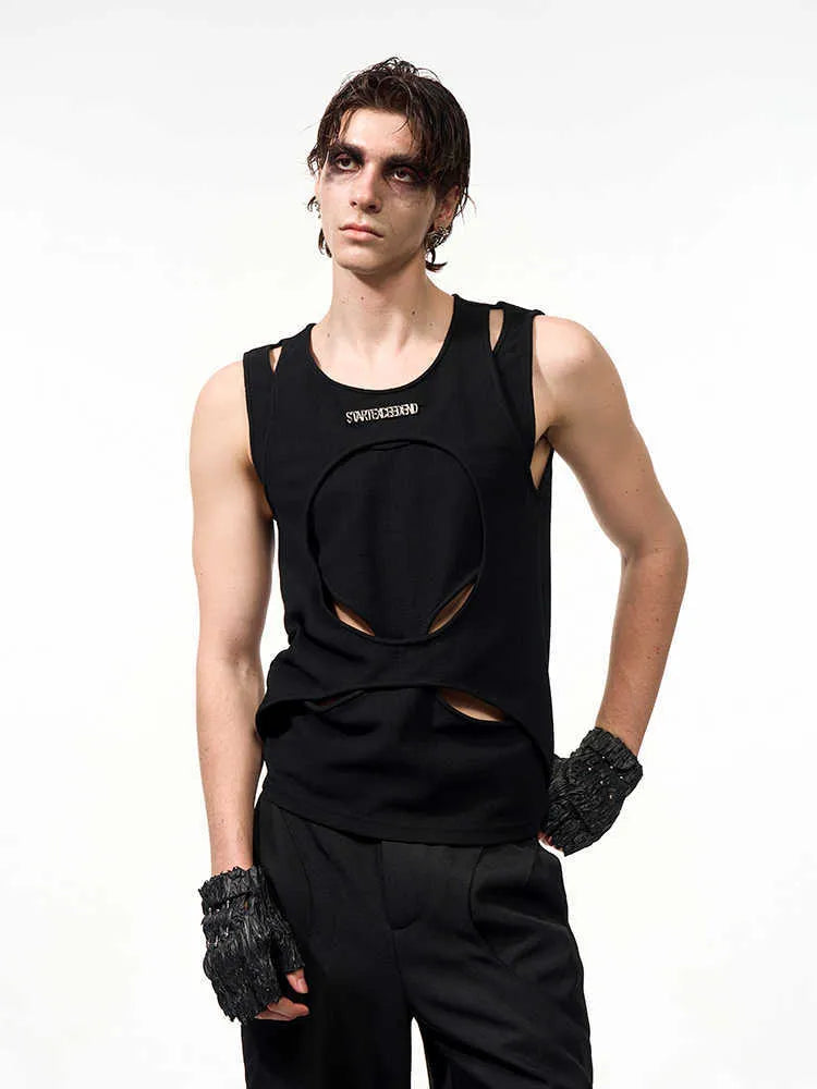 Men's black sleeveless cotton waistcoat with a round neck and loose fit, laid flat on a white background.