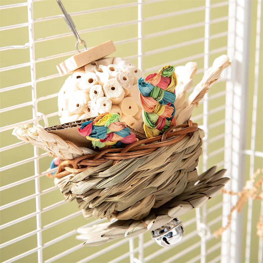 Set of three parrot gnawing toys for beak exercise including types A, B, and C.