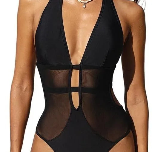 Black women's one-piece swimsuit with v-neck and mesh detailing