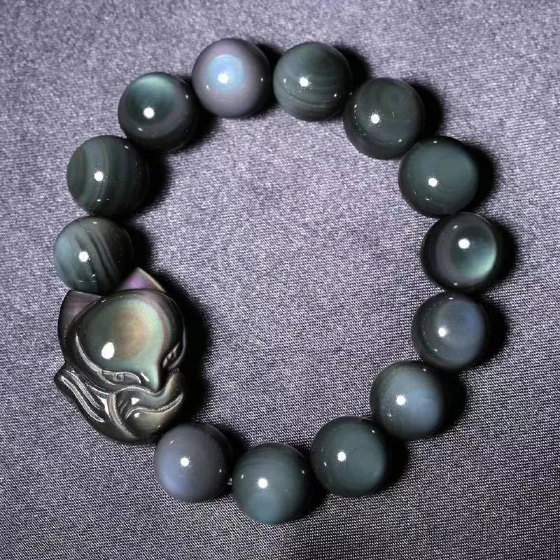 Obsidian gemstone couple bracelet with carved fox charm in three size options