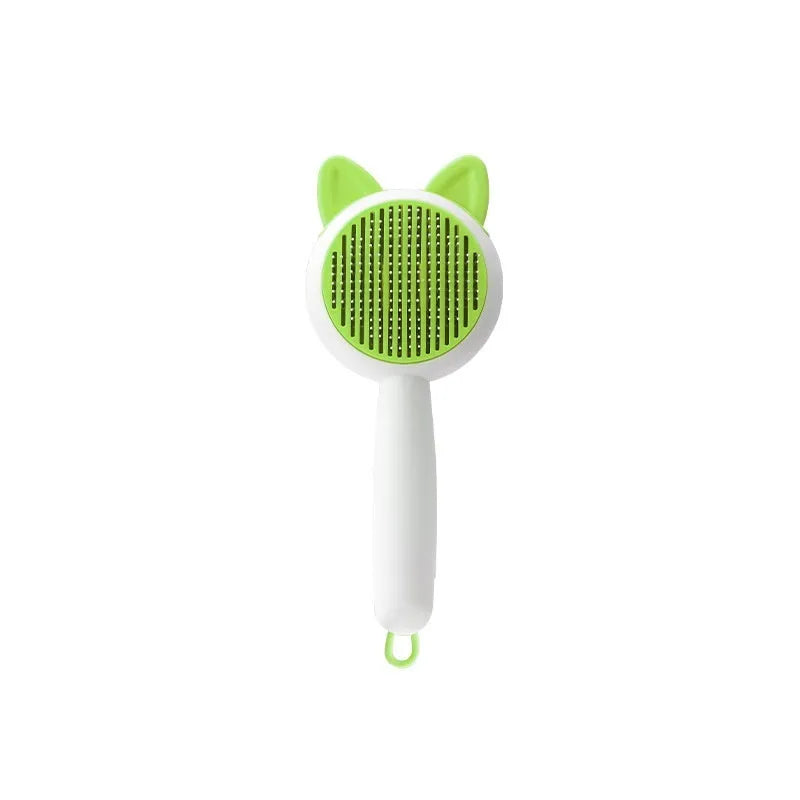 Self-cleaning cat grooming comb with stainless steel pins in greenish white colour