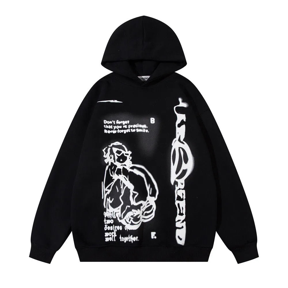 Men's cotton blend printed hoodie with character pattern in black, pink, and apricot colour options