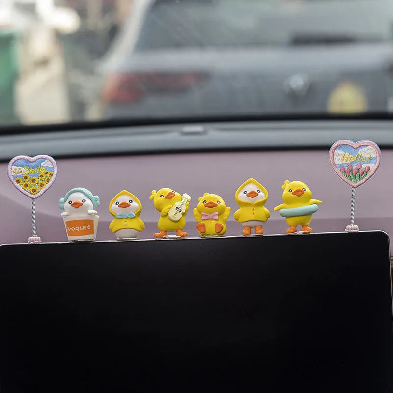 PVC duckling car decoration set with six cartoon duck ornaments and matching sign for vehicle interior