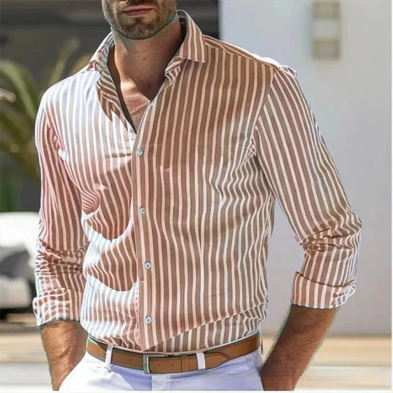Men's slim striped long sleeve polyester shirt in blue, front view, for youth business commute wear