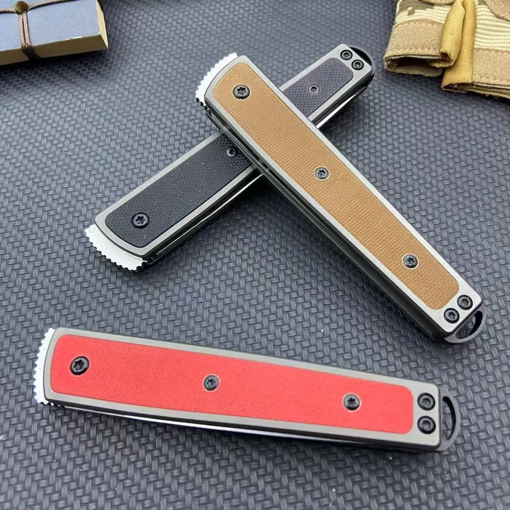 CRKT 7190 folding fruit knife with stainless steel blade in black, red, or coffee colour, showing closed and open positions