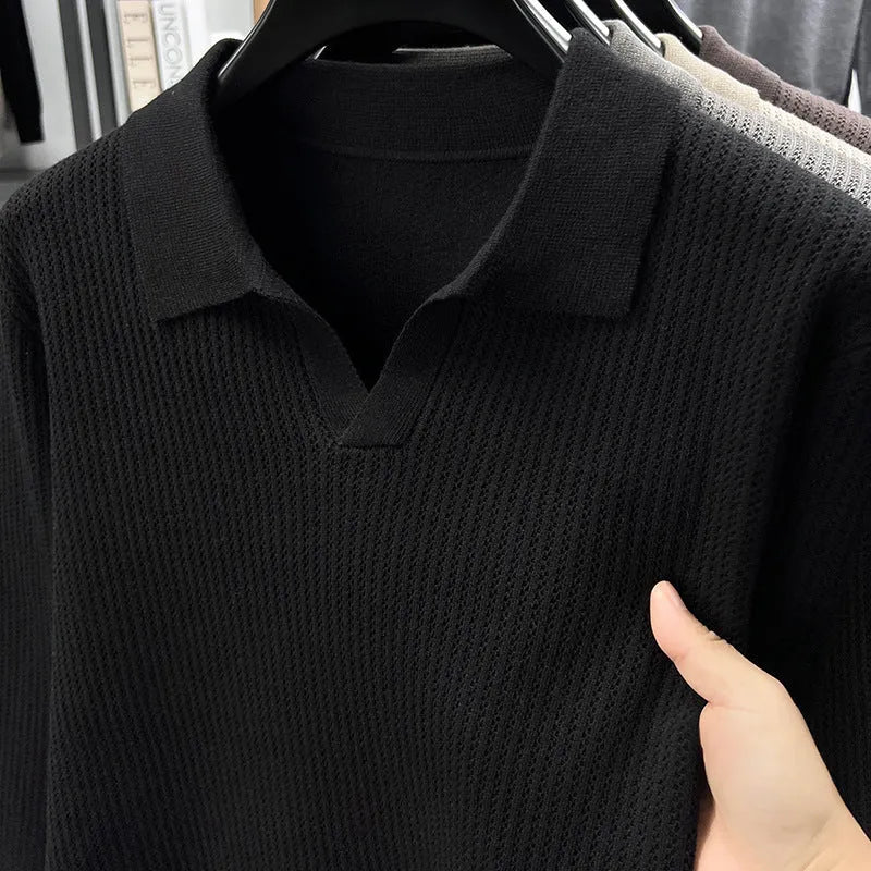 Men's loose fit casual pullover sweater in a camel colour, showing the front design.