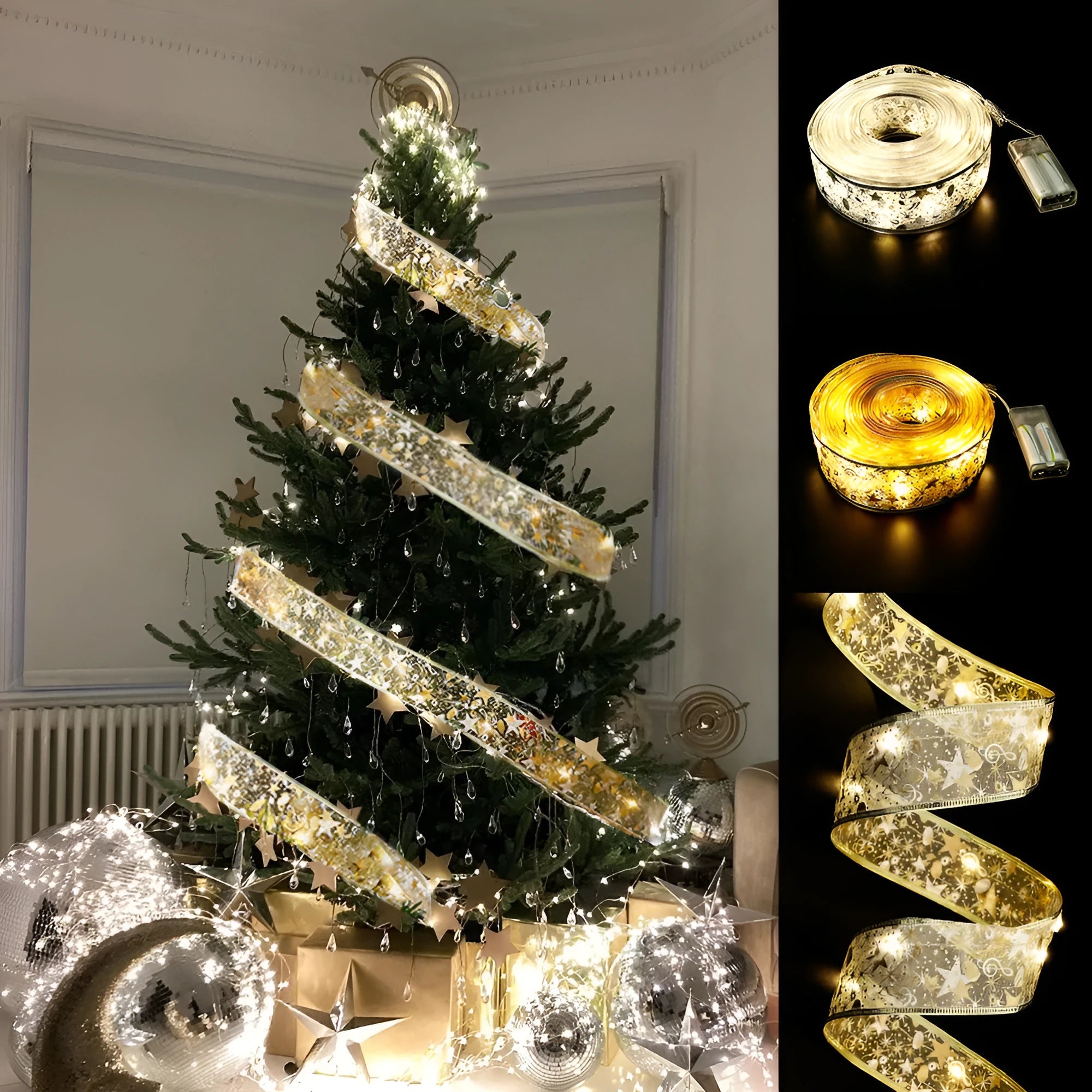 LED fairy lights string with cloth ribbon bow tie decoration in gold or silver colour options