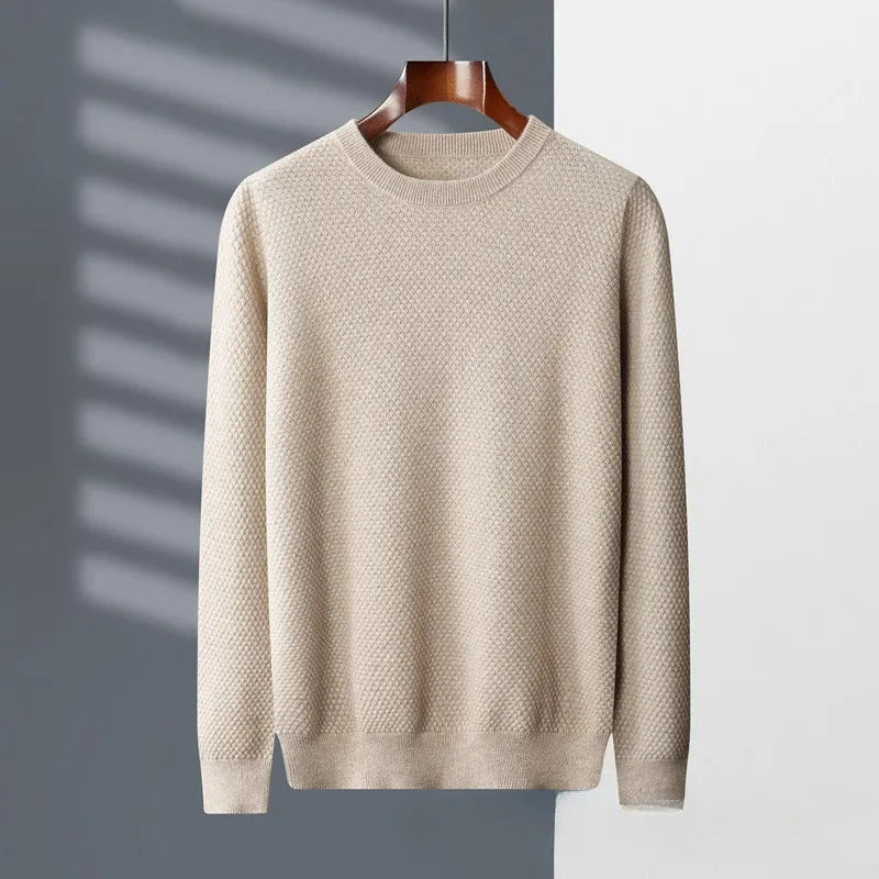 Men's cashmere pullover sweater with pineapple stitch round neck in camel colour