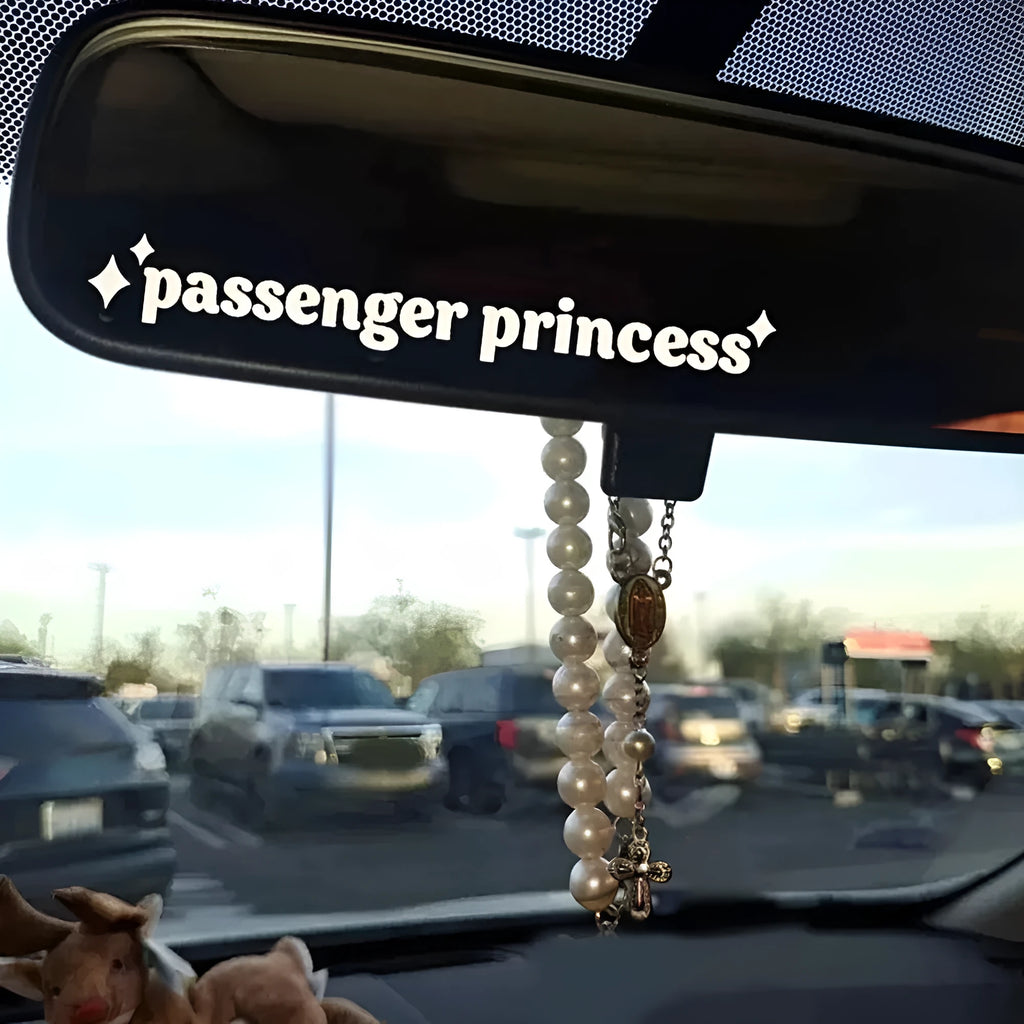 Car interior vinyl sticker with English text, 10 cm by 2 cm, in black, white, pink, or rainbow colour options.