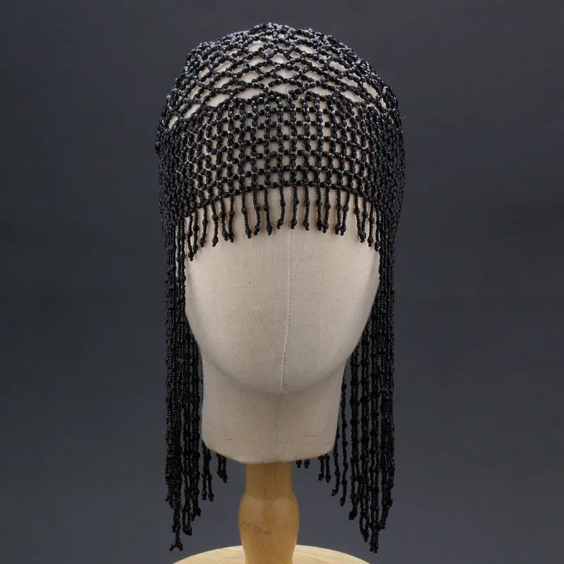 Handmade beaded belly dance headwear with alloy frame, decorative mesh surface, and 16.5cm tassel