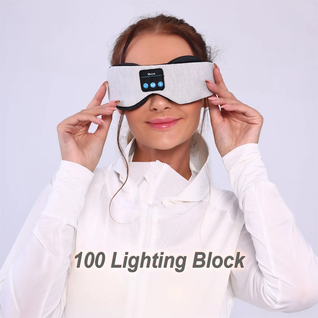 Grey polyester Bluetooth sleeping eye mask with adjustable straps
