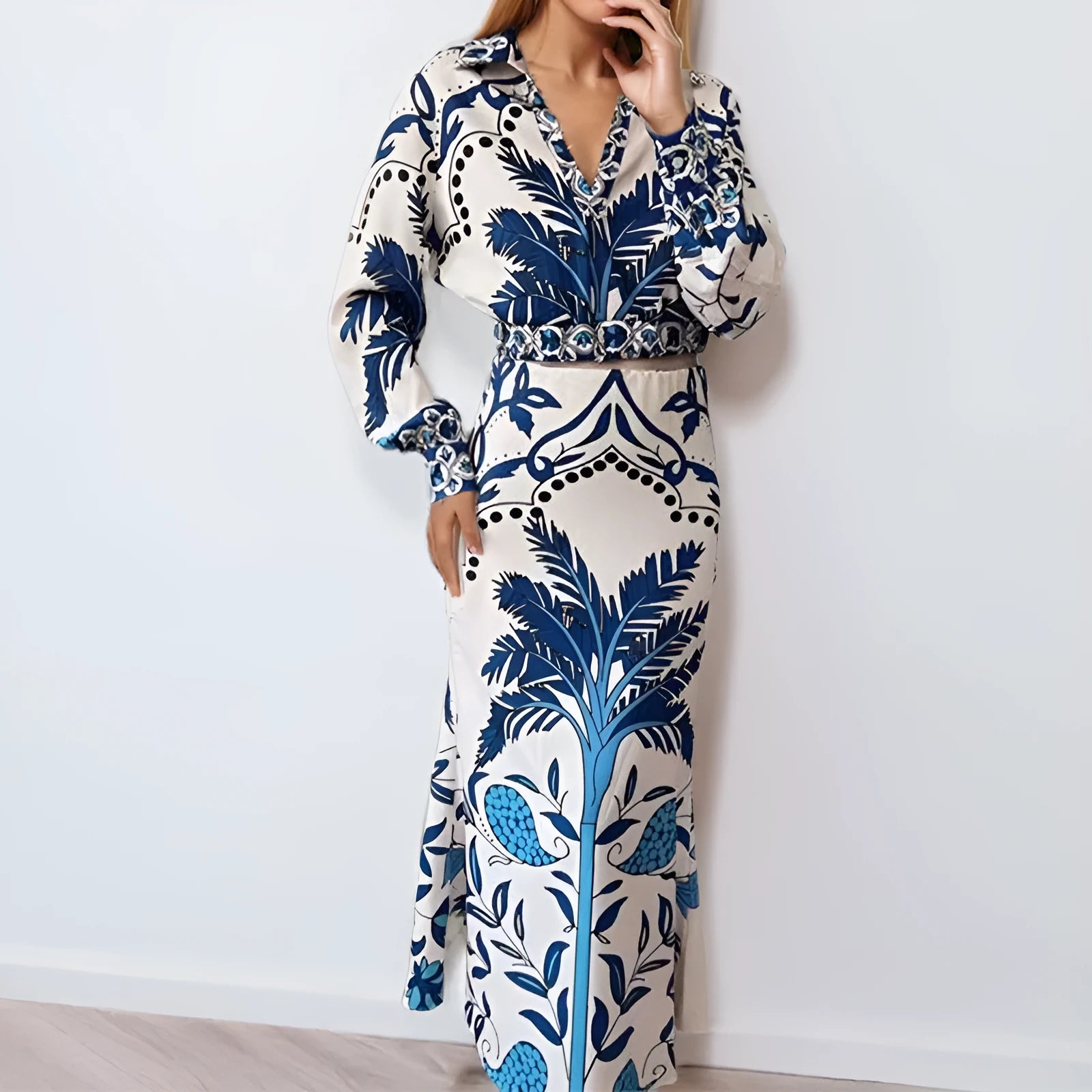 Women's floral print casual set with long sleeve top and long skirt on hanger