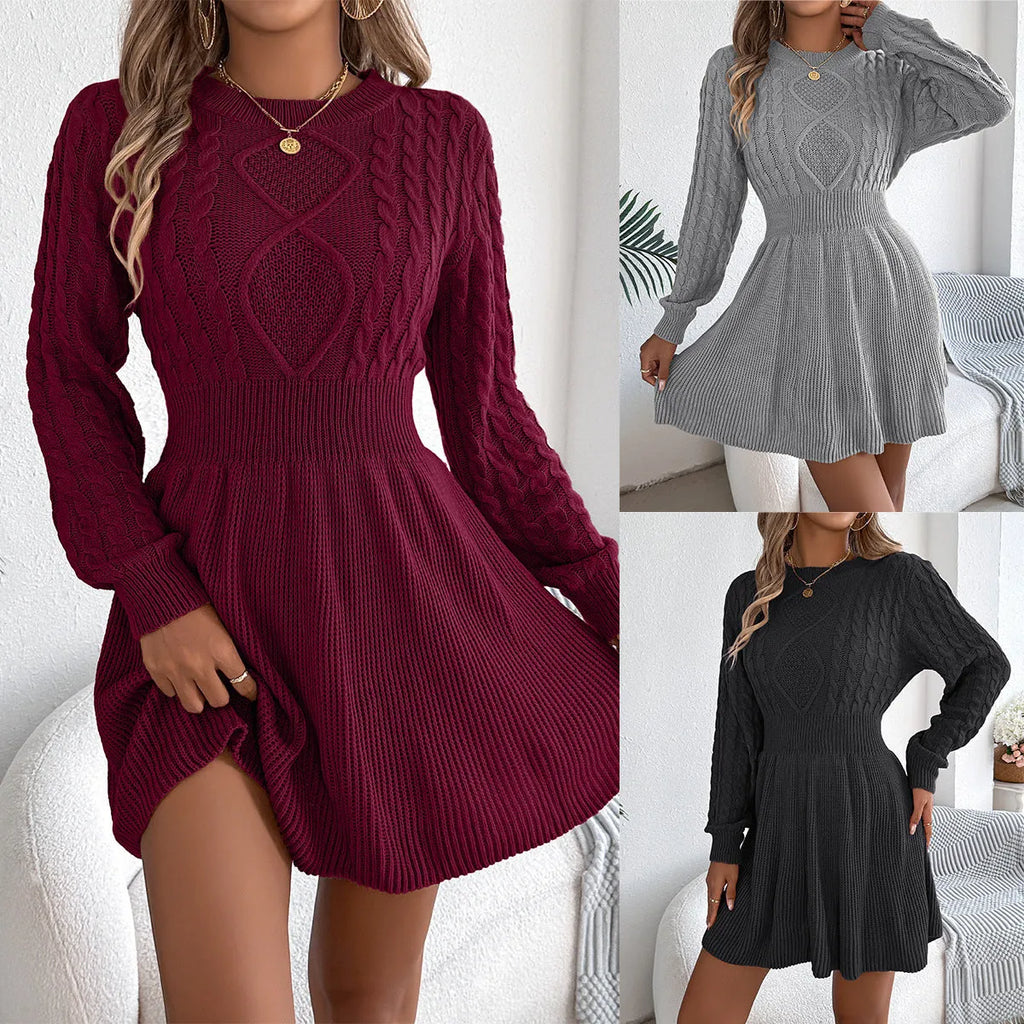 Solid colour sweater dress with lantern sleeves and elastic waist in artificial fur fabric