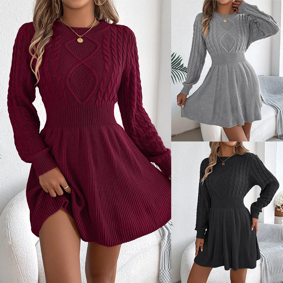 Solid colour sweater dress with lantern sleeves and elastic waist in artificial fur fabric
