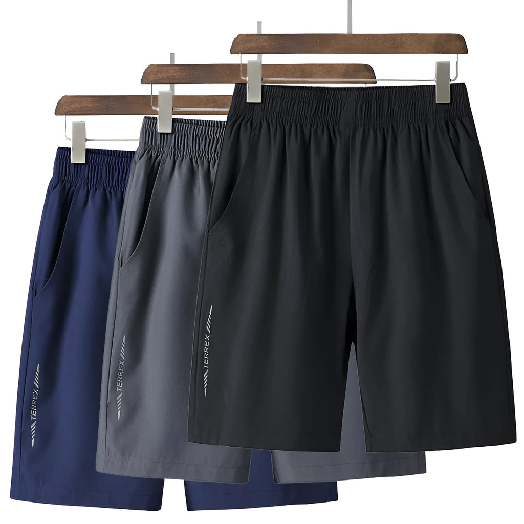 Men's quick-dry cotton five-point sports shorts in grey, black, and blue with elastic waist and drawstring, sizes L to 10XL