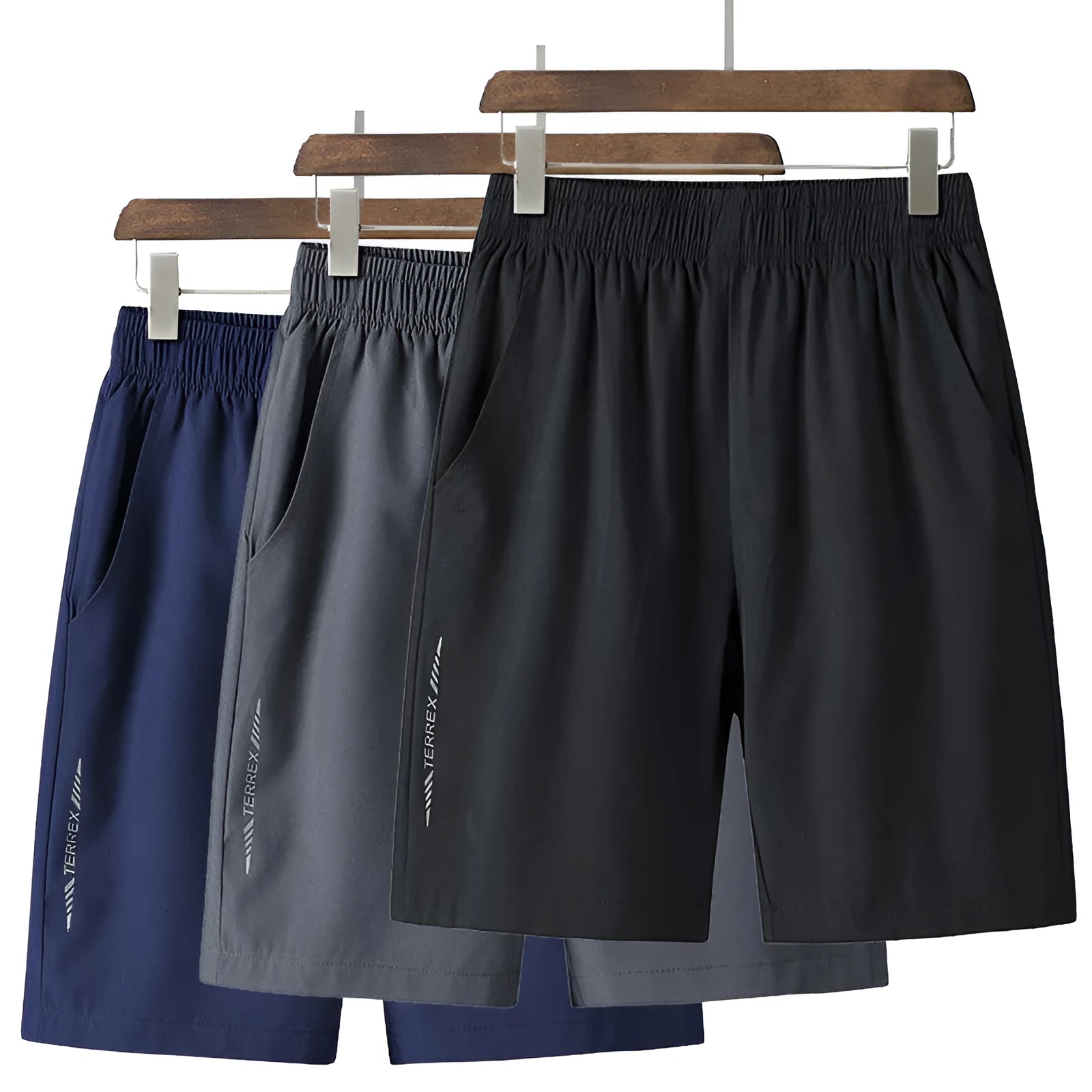 Men's quick-dry cotton five-point sports shorts in grey, black, and blue with elastic waist and drawstring, sizes L to 10XL