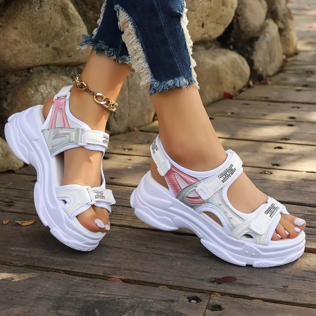 Women's black platform Roman sandals with PU upper and rubber sole