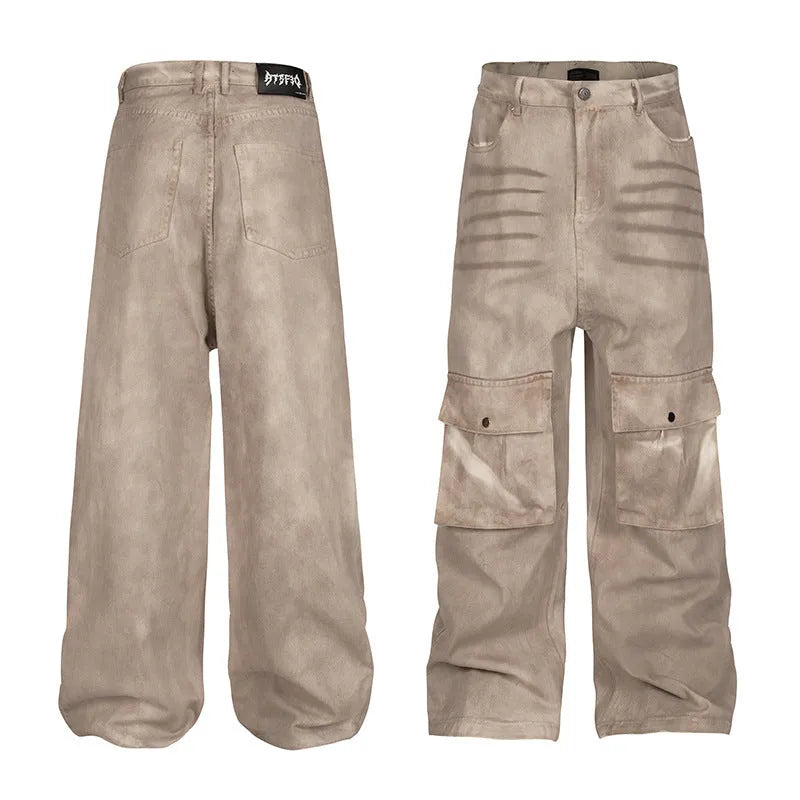 Straight loose fit A-line casual trousers in pure cotton denim with a mid waist and zip fly.