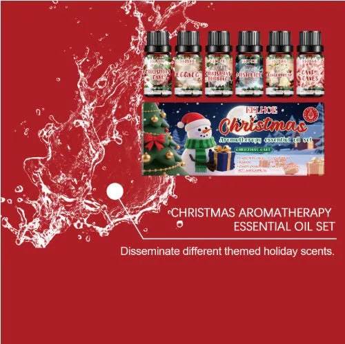 Christmas aromatherapy oil set showing six bottles including 60ml and 10ml sizes for festive home fragrance