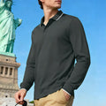 Men's casual jacquard polo shirt in solid colour, quick-dry long sleeve polyester, loose fit