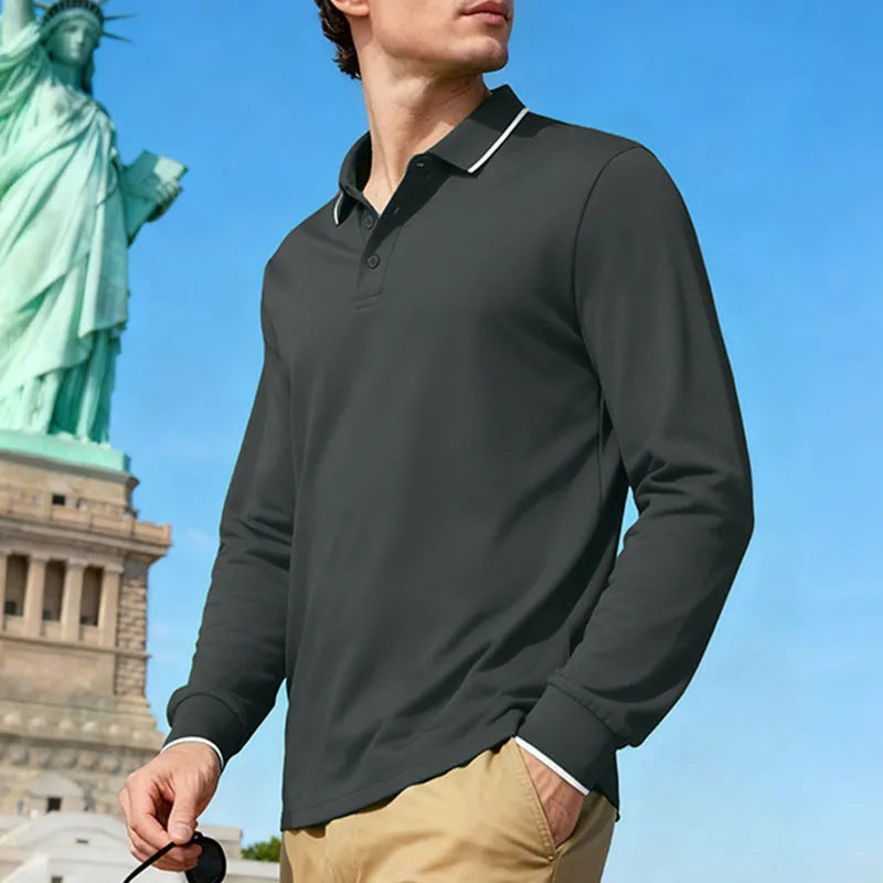 Men's casual jacquard polo shirt in solid colour, quick-dry long sleeve polyester, loose fit