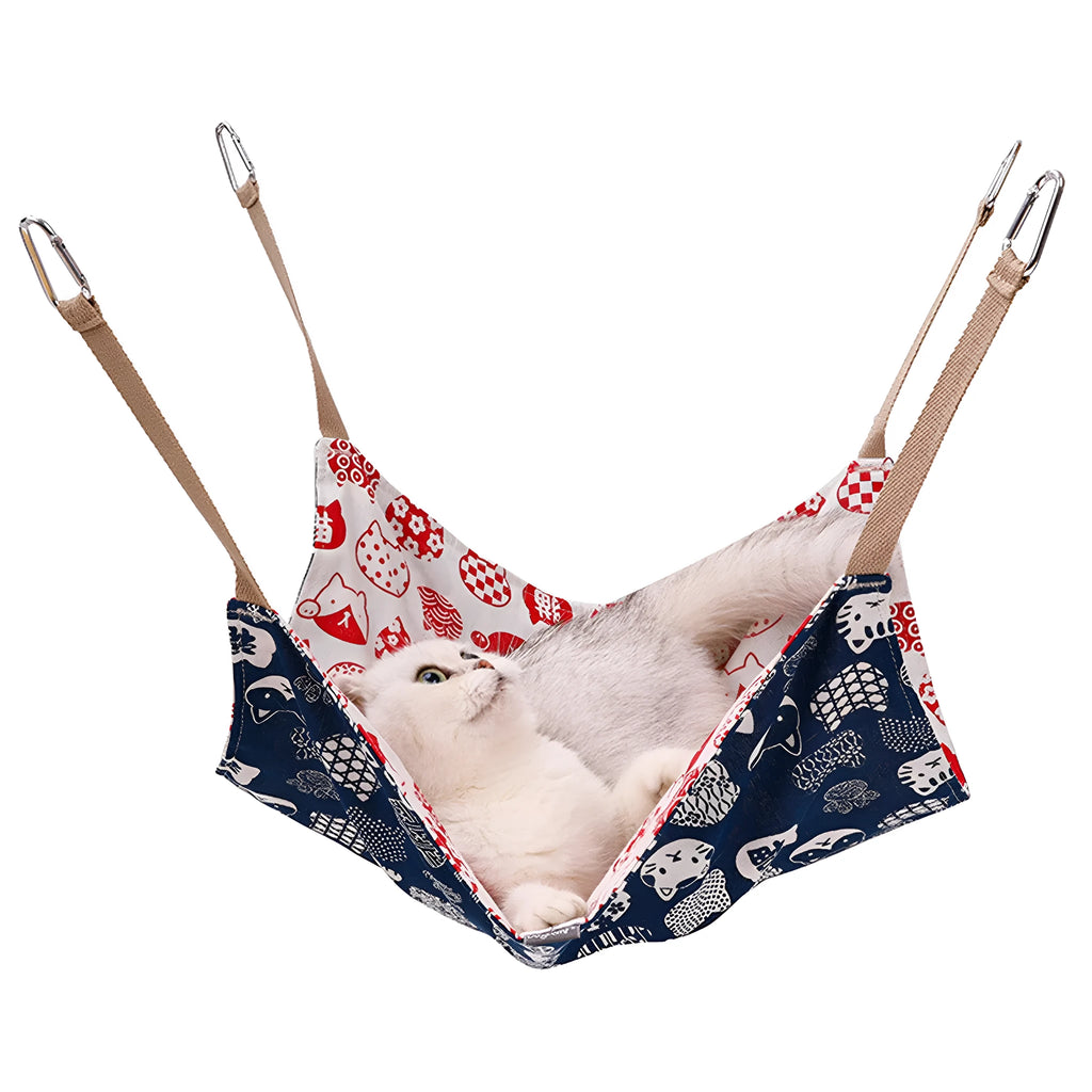 Yellow multicolour cotton linen cat hammock bed with hanging hook, measuring 47cm square.