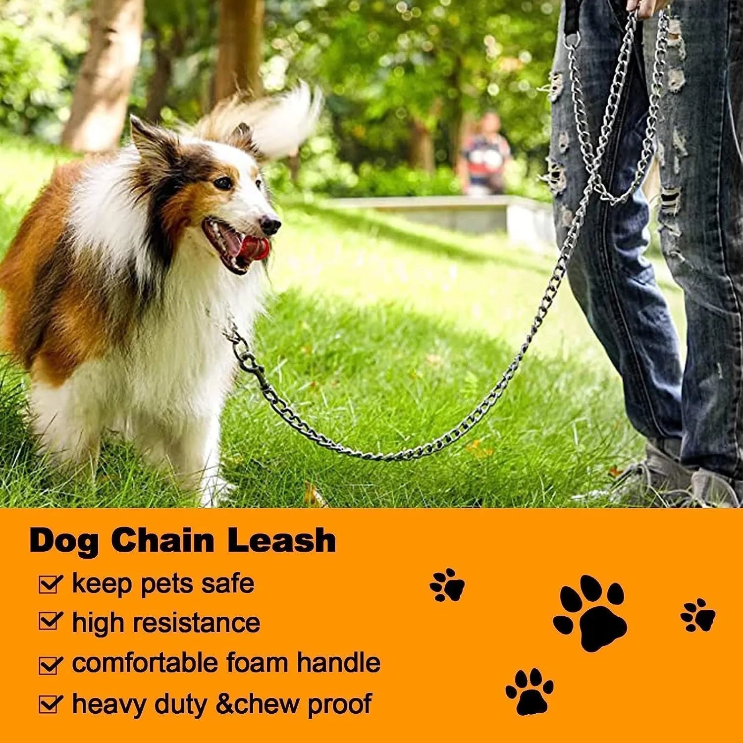 Heavy duty black metal dog chain leash with a soft blue padded handle.