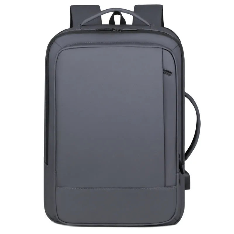 Large black waterproof backpack with curved shoulder straps for business travel and commuting