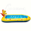 Blue dinosaur-shaped inflatable pool with spray jets for children's water play