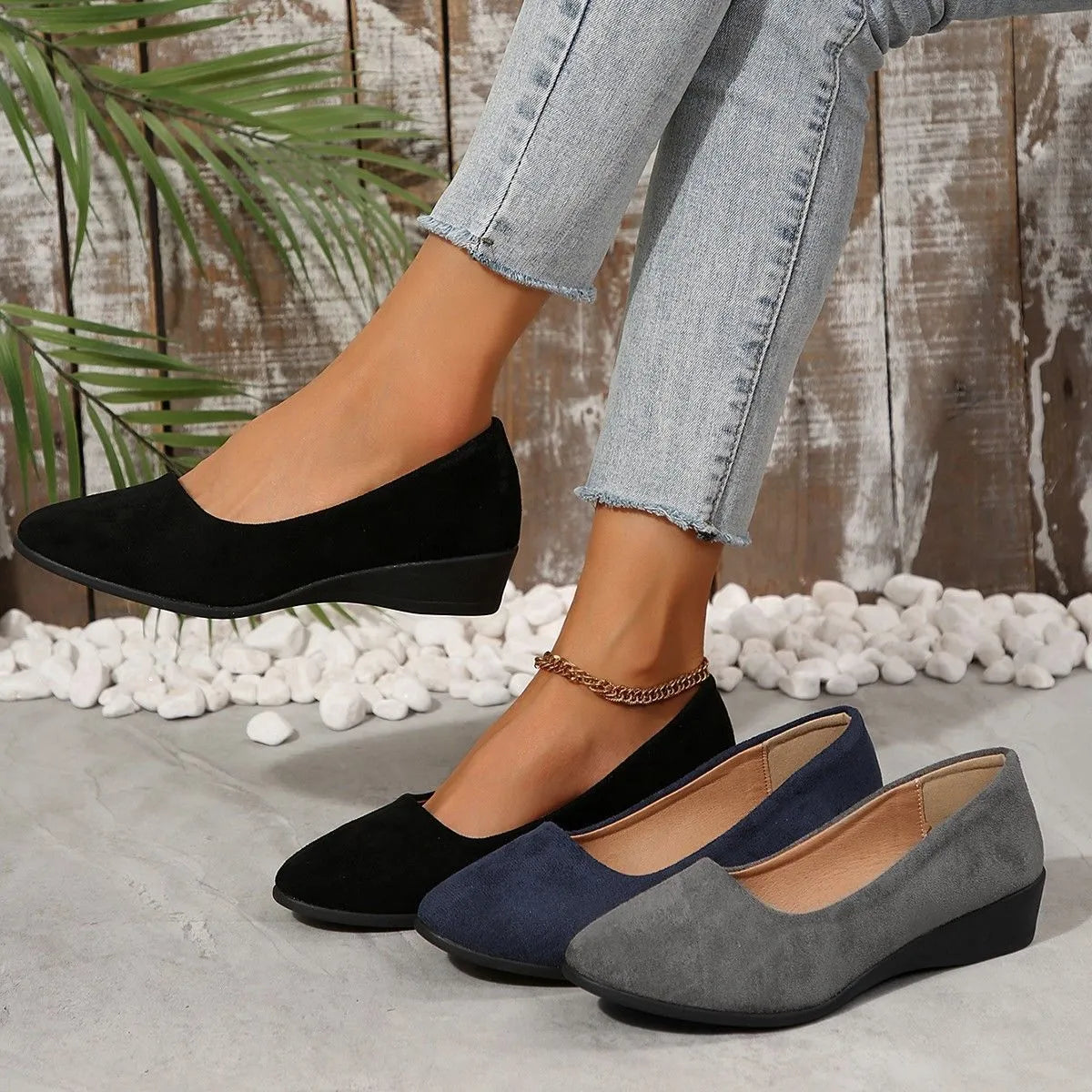 Women's suede shallow mouth wedge pumps with pointed toe and low rubber heel in multiple colours