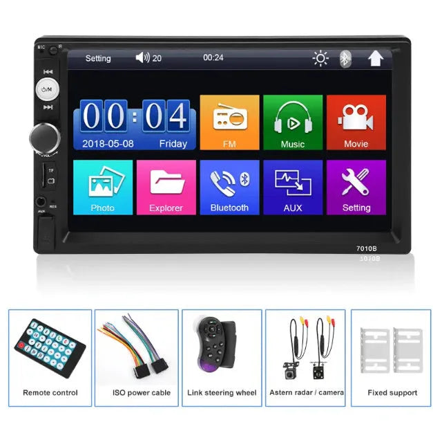 7-inch HD Bluetooth car multimedia player on a dashboard showing connectivity options.