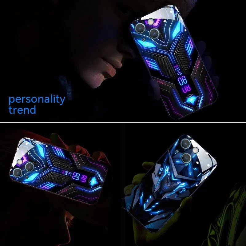 Glass phone case with light-emitting mech cartoon design for Apple iPhone