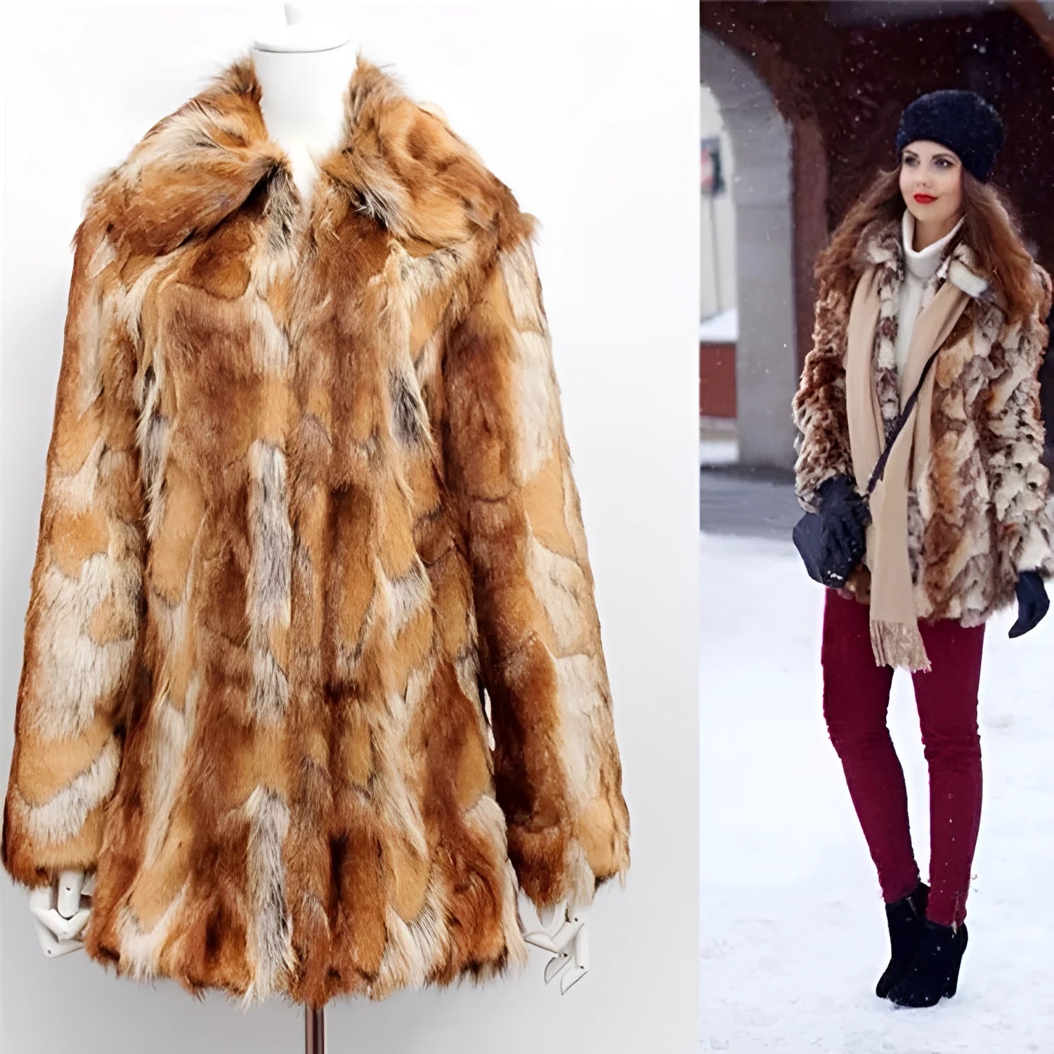 Women's slim-fit tiger pattern faux fur leather jacket on a hanger