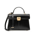 Women's black genuine vachette leather shoulder bag with clasp closure and 120cm strap.